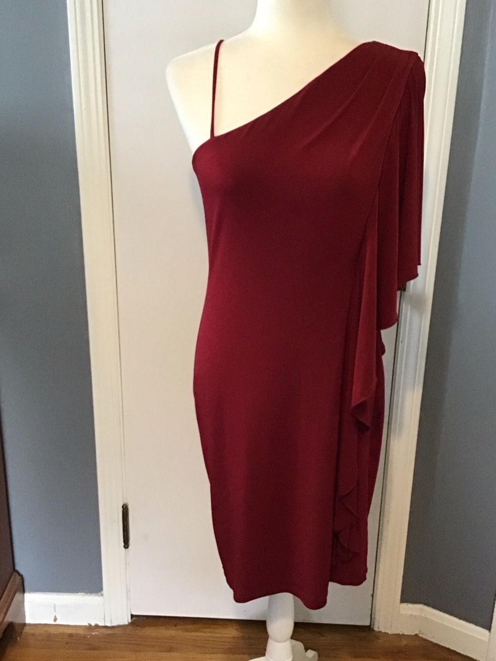 Valerie Bertinelli One-Shoulder Wine Red Draped Cocktail Dress